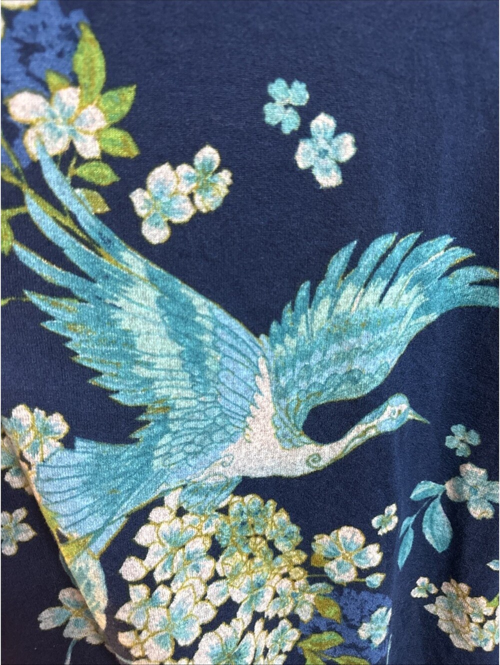 Bob Mackie Wearable Art XL Crane Bird Floral Top Blue 3/4 Sleeve Stretch